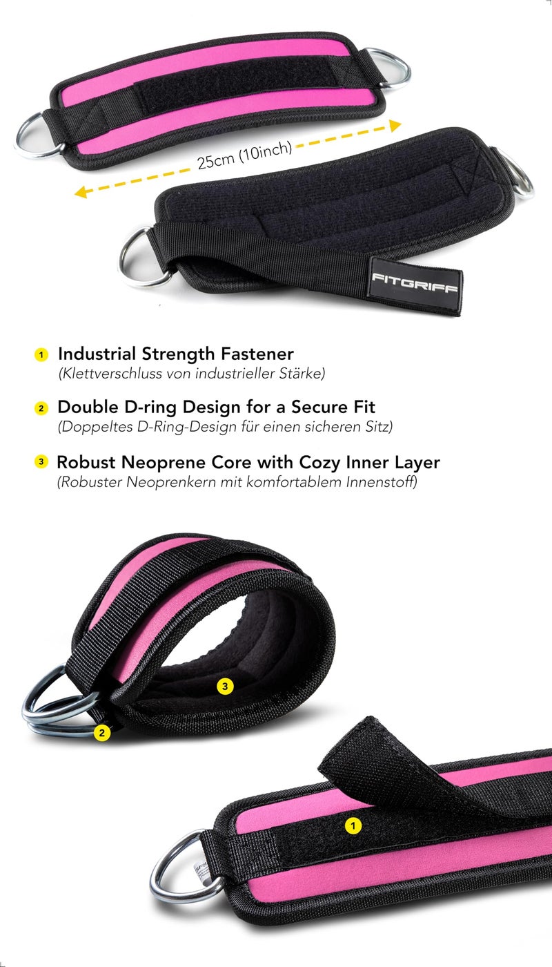 FitgriffÂ® Ankle Straps V1 for Cable Machine (2 Pieces) - Gym Workout Equipment - Leg Pulley Attachment, Kickback Straps (Pink) - Image 3